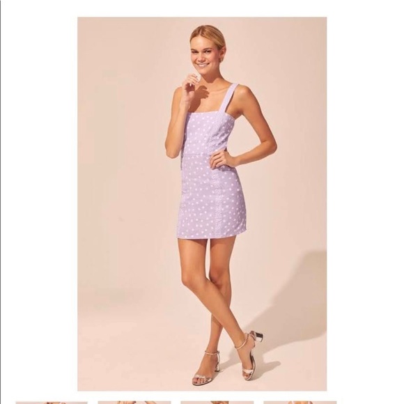 Mini purple polka dot square neck dress with side zip closure. - Picture 1 of 3